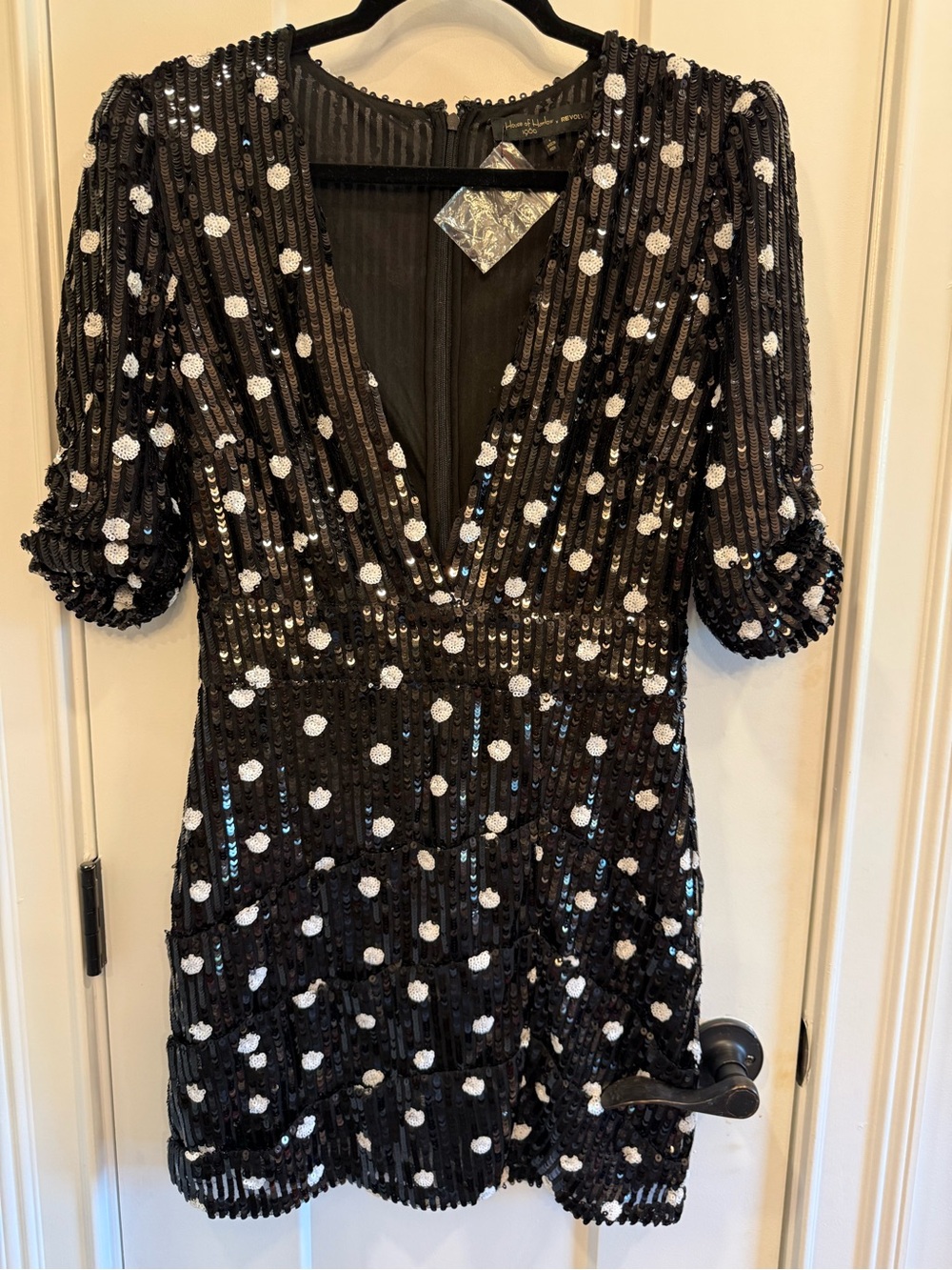 House of Harlow 1960 Black Sequin Polka Dot V-Neck Mini Dress